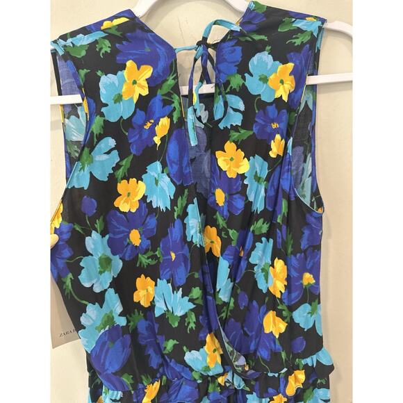 NWT Womens Zara Blue Flower Pattern Dress Elasticated Waisted V Front Large 2181 - Picture 4 of 8
